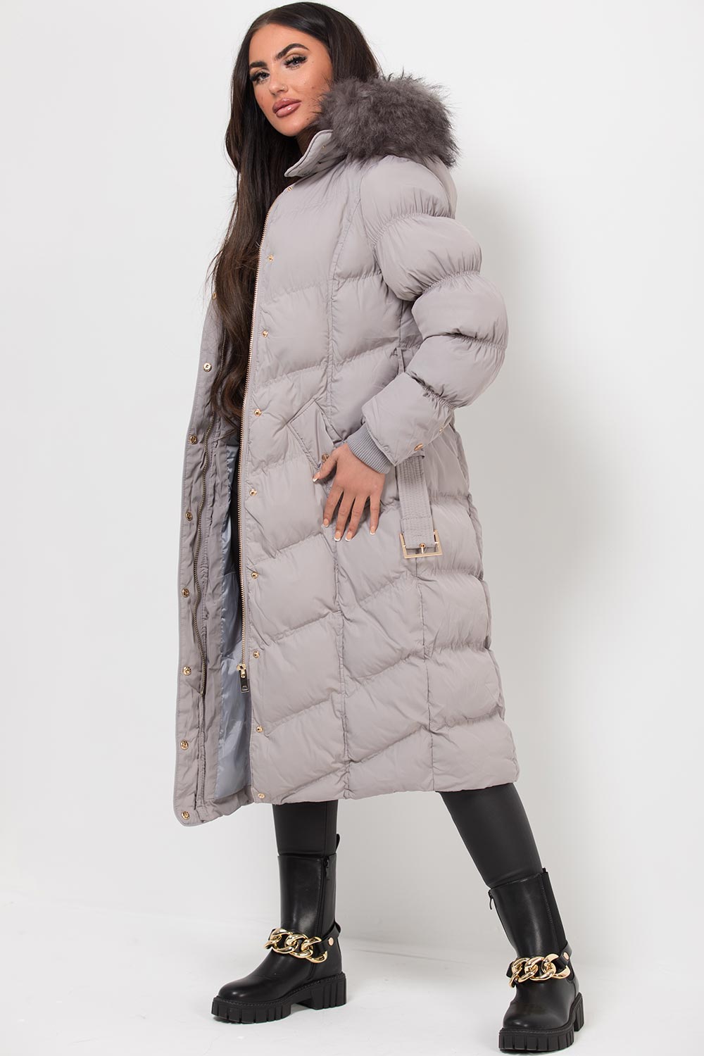 Long Puffer Coat With Fur Hood And Belt Grey