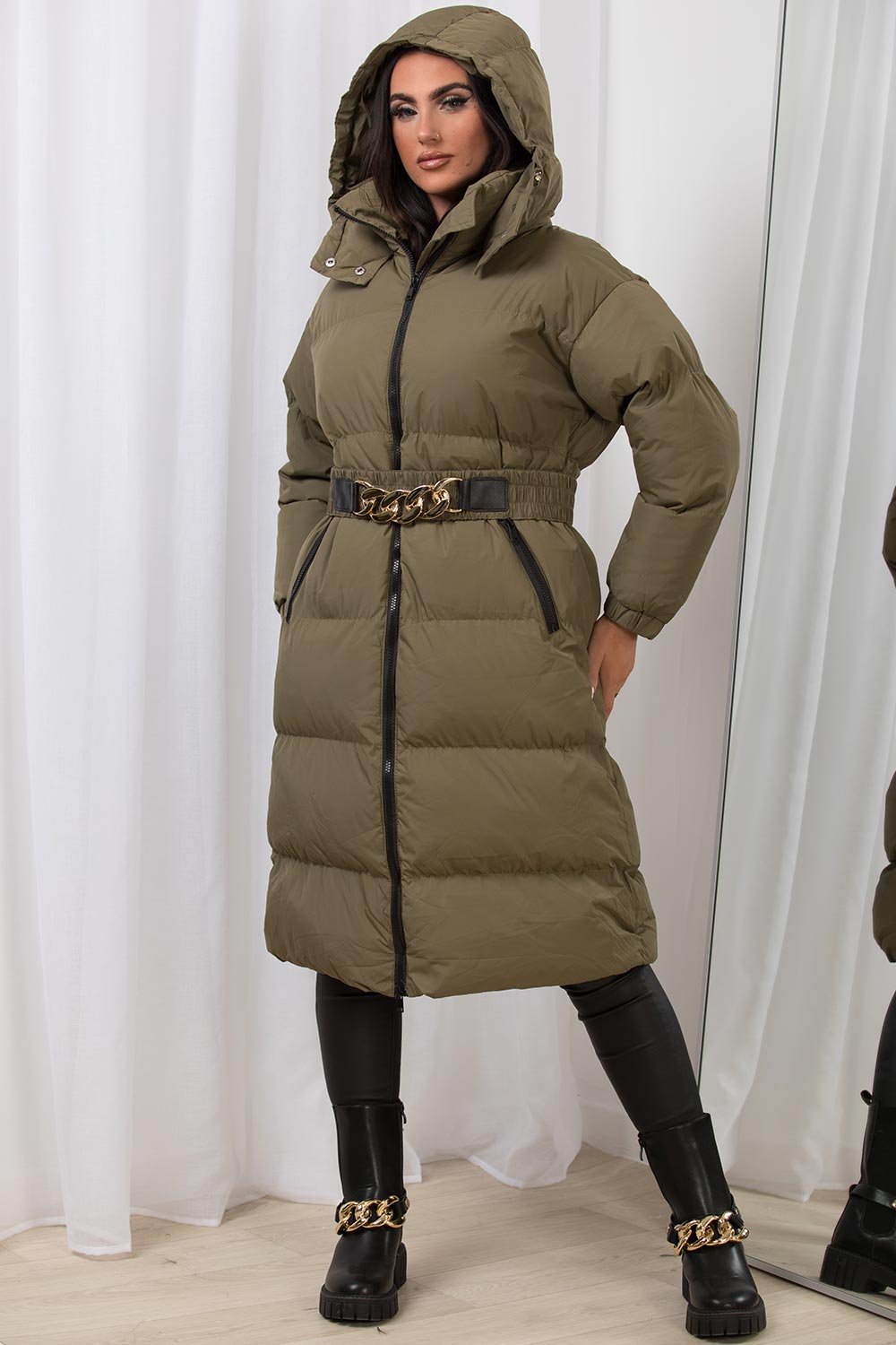 Khaki Long Puffer Padded Coat With Gold Chain Belt