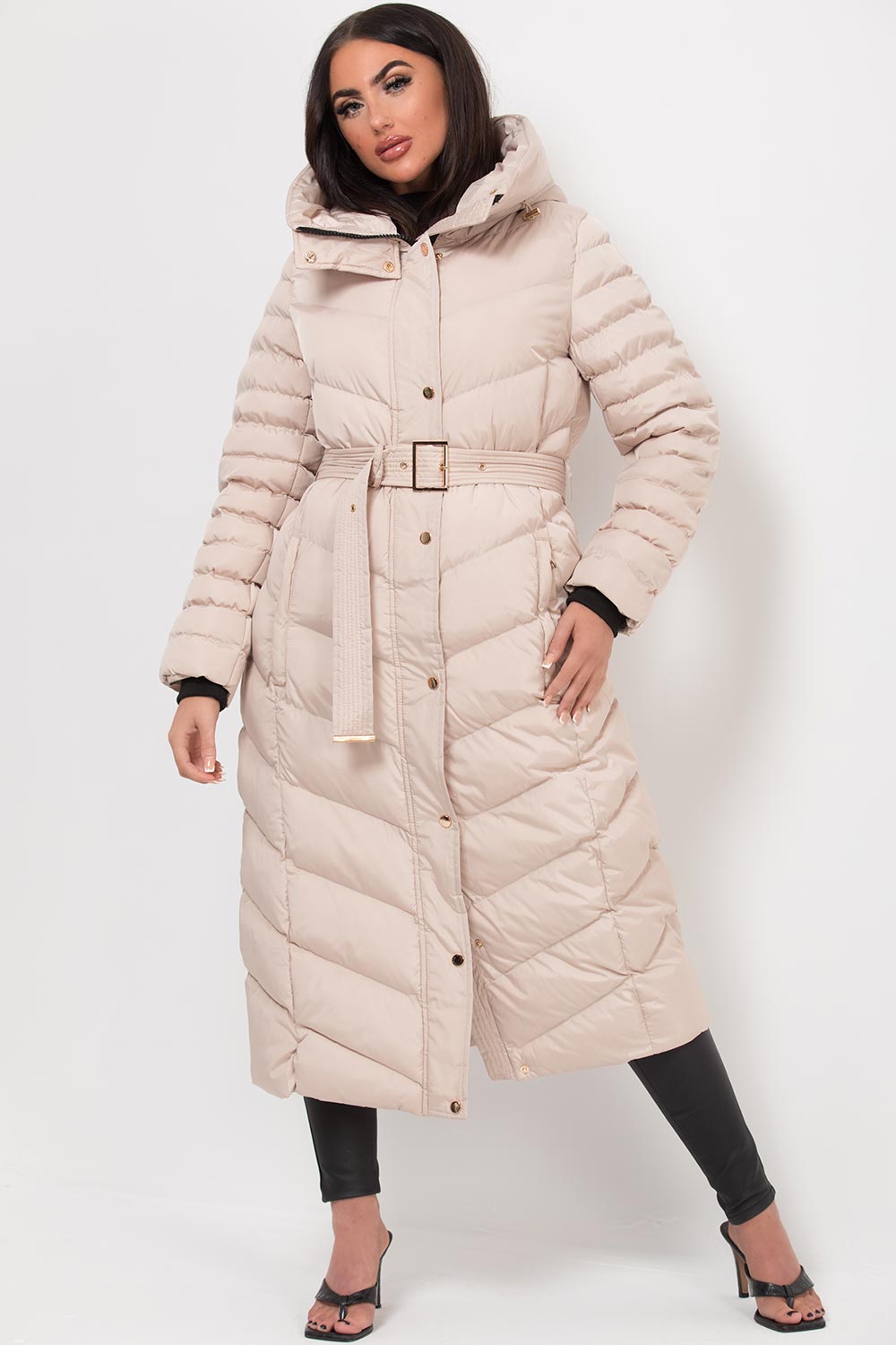 Long Puffer Down Coat With Belt Beige