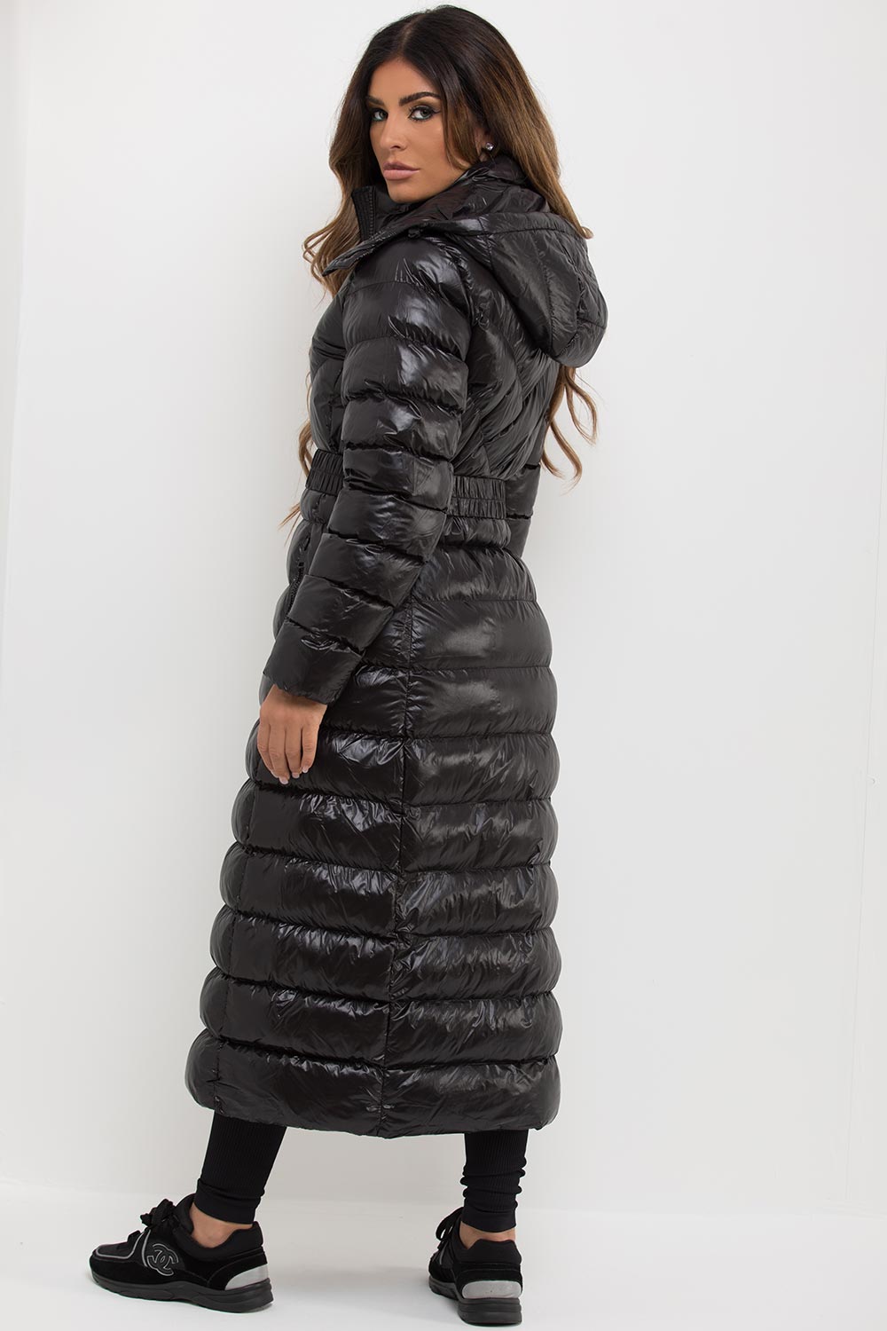 Black Longline Puffer Padded Jacket With Hood & Belt