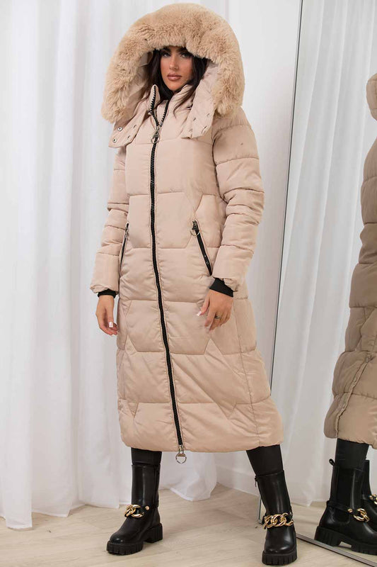 Long Puffer Padded Coat With Faux Fur Hood Beige