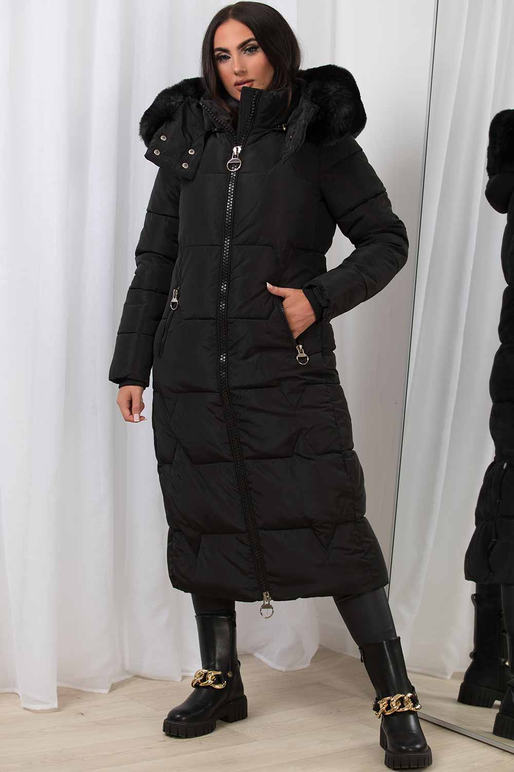 Long Puffer Padded Coat With Faux Fur Hood Black