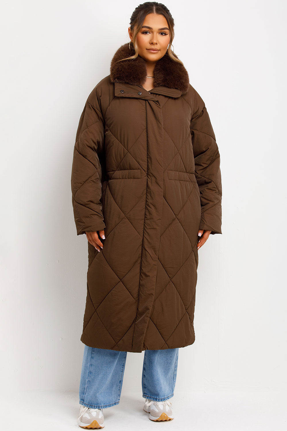 Long Puffer Quilted Coat With Fur Collar Brown