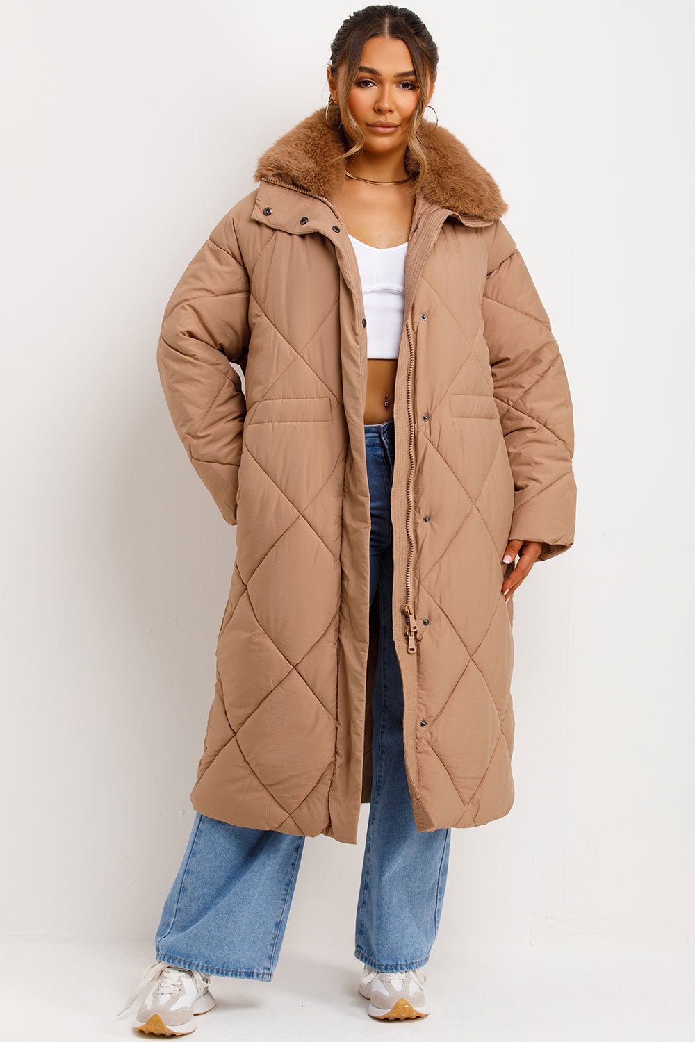 Long Puffer Quilted Coat With Fur Collar Camel