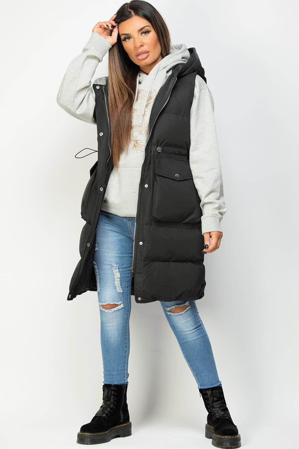 Black Padded Gilet With Drawstring Waist Longline