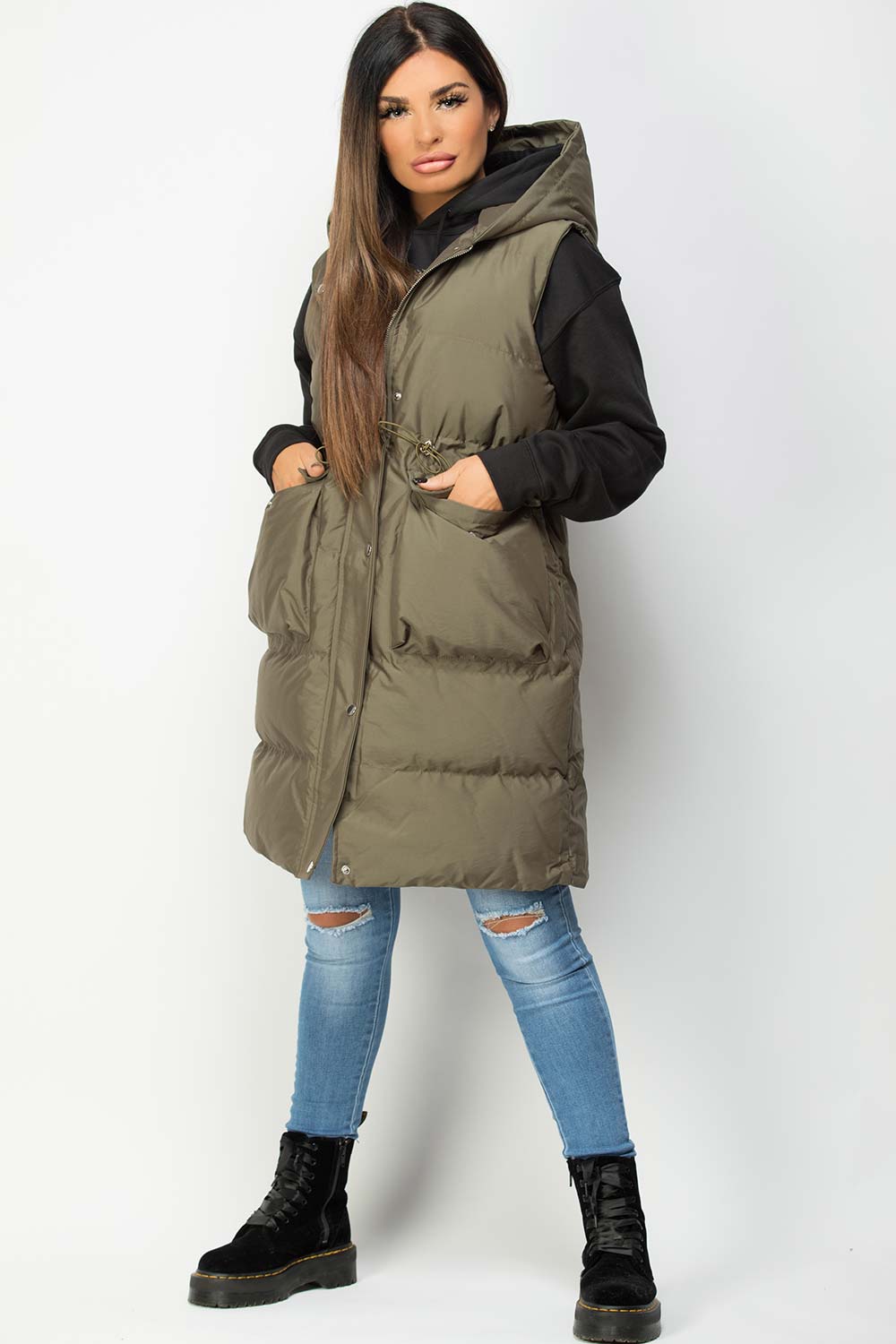 Khaki Padded Longline Gilet With Drawstring Waist