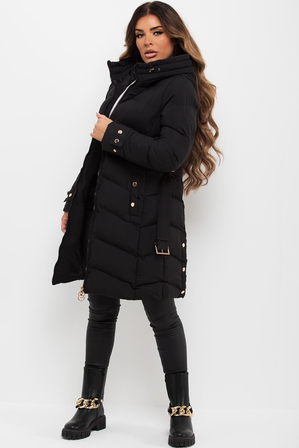 Black Long Puffer Coat With Belt And Gold Button Detail