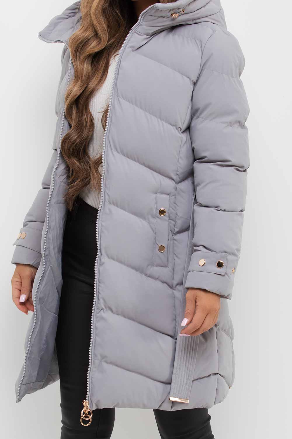 Grey Long Puffer Coat With Belt And Gold Button Detail