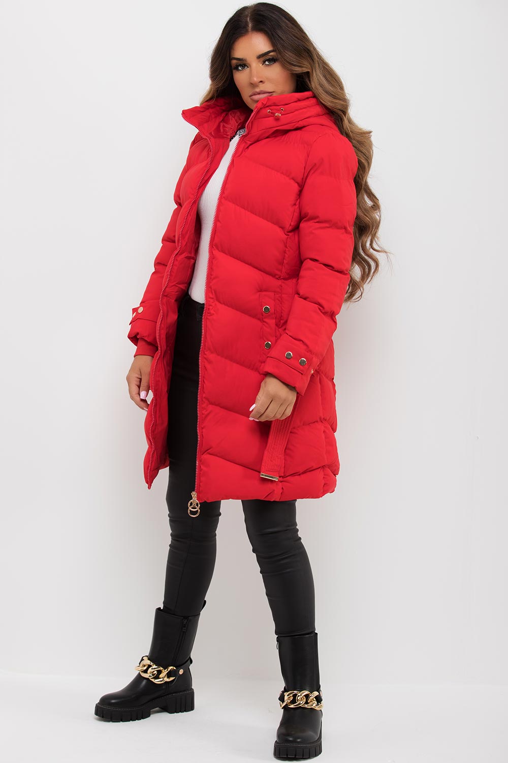 Red Long Puffer Coat With Belt And Gold Button Detail