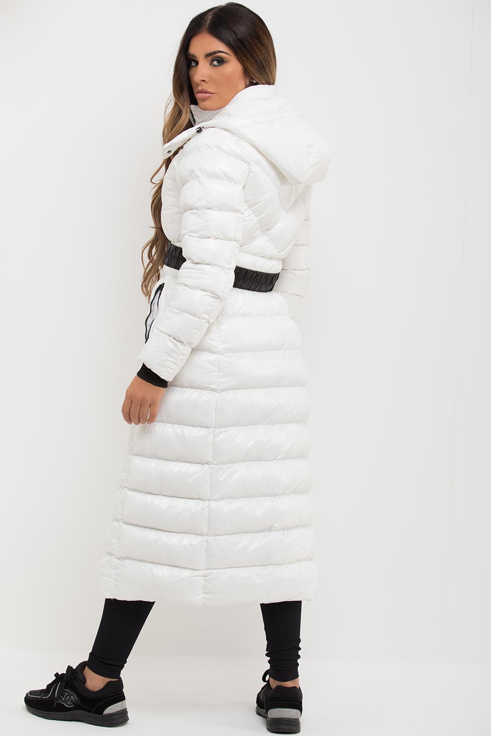 White Longline Puffer Padded Jacket With Hood & Belt