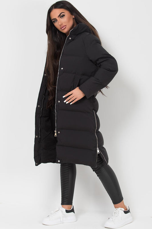 Long Puffer Coat With Side Zip Black