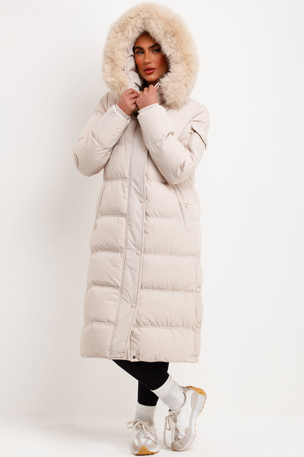 Long Puffer Coat With Fur Hood Beige