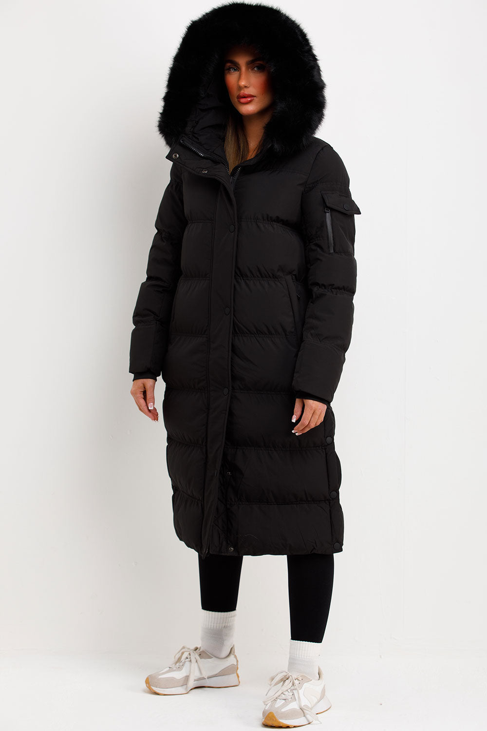 Long Puffer Coat With Fur Hood Black