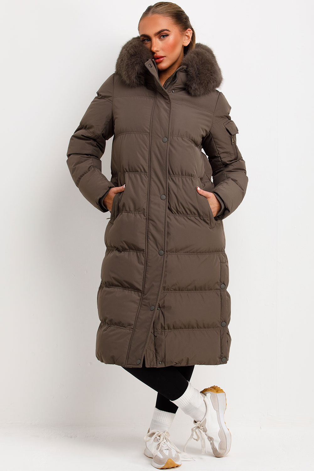 Long Puffer Coat With Fur Hood Khaki