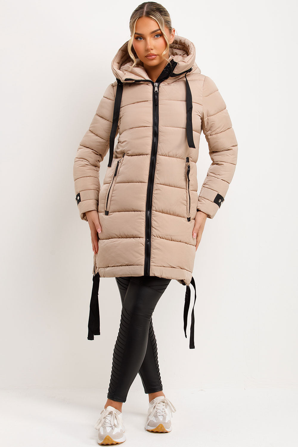 Long Puffer Coat With Hood And Side Straps Beige