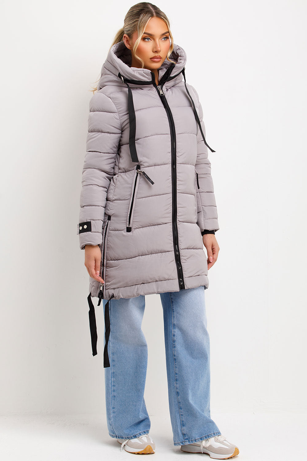 Long Puffer Coat With Hood And Side Straps Grey