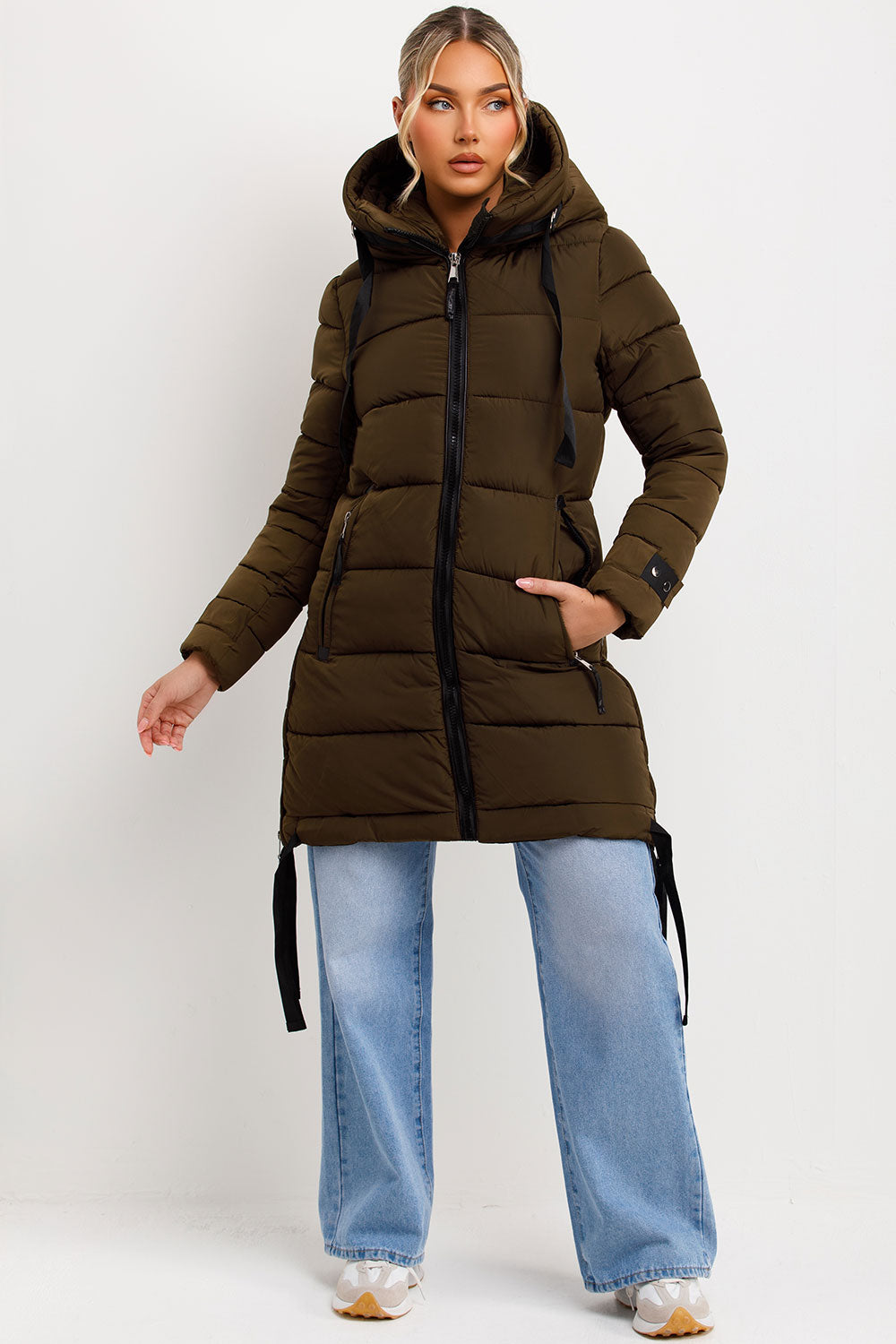 Long Puffer Coat With Hood And Side Straps Khaki