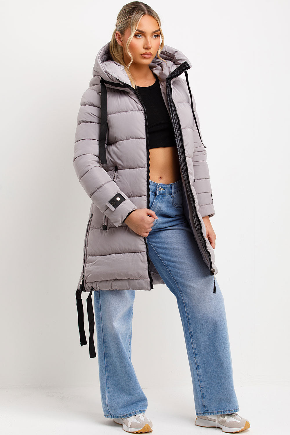 Long Puffer Coat With Hood And Side Straps Grey