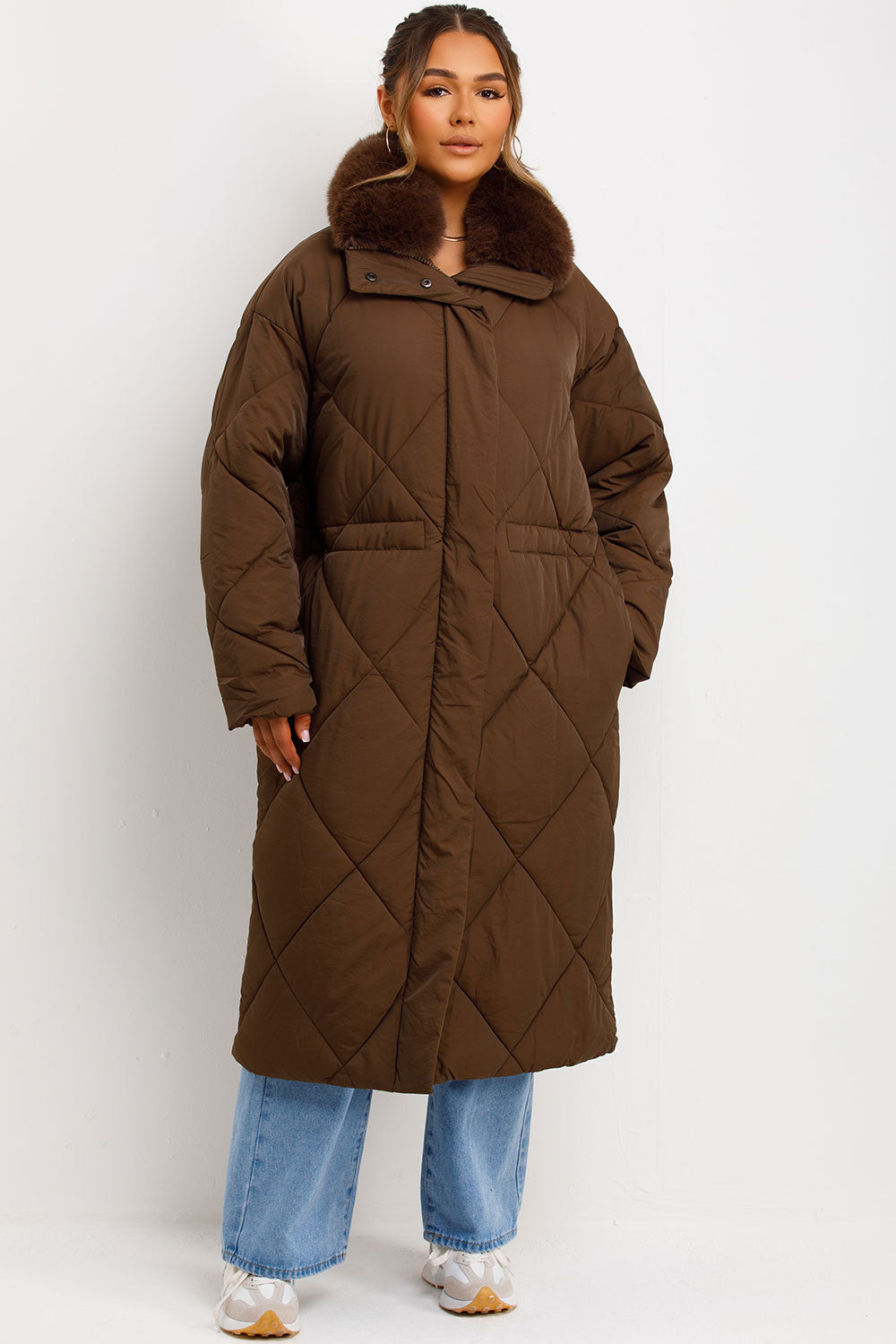 Long Puffer Quilted Coat With Fur Collar Brown