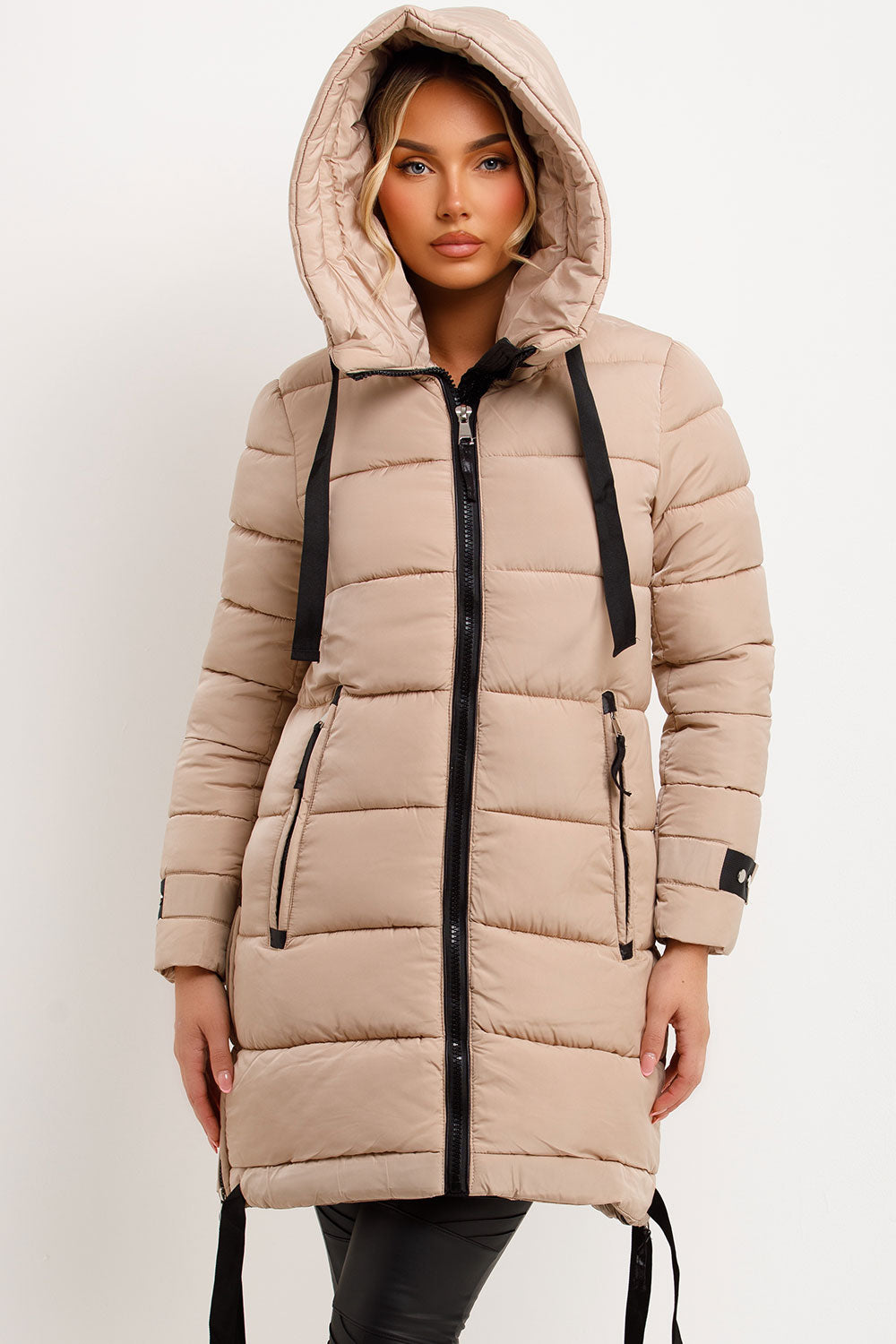 Long Puffer Coat With Hood And Side Straps Beige