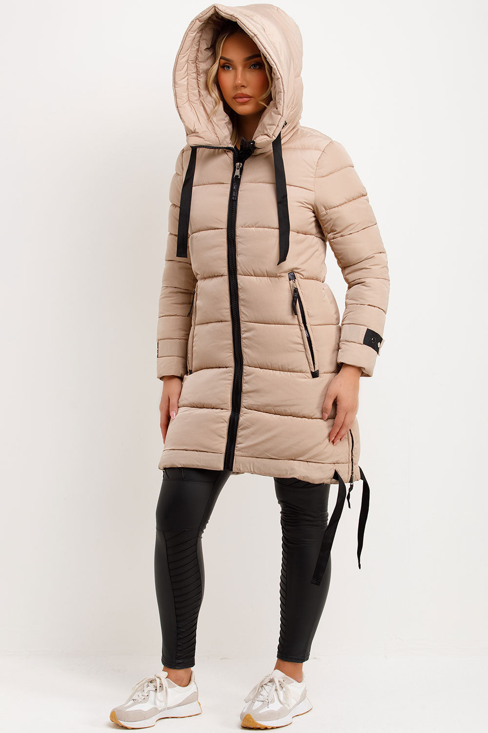 Long Puffer Coat With Hood And Side Straps Beige