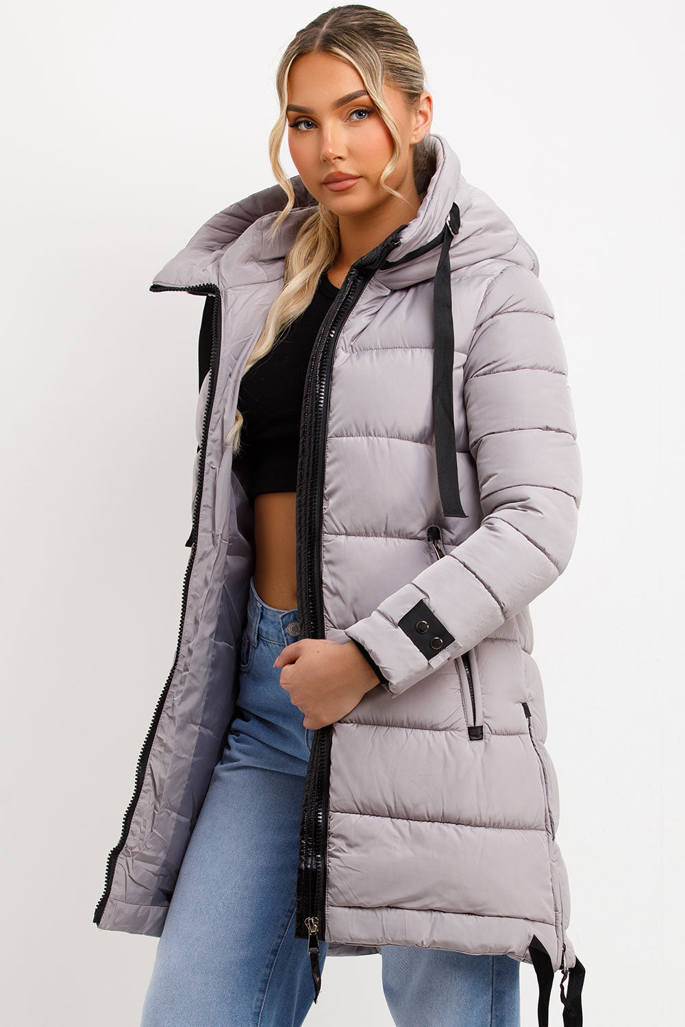 Long Puffer Coat With Hood And Side Straps Grey