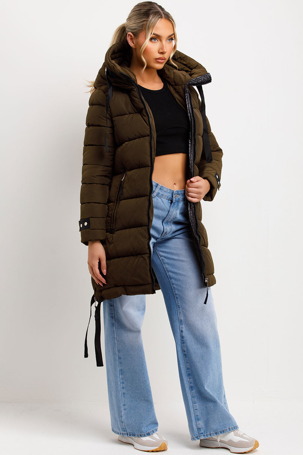 Long Puffer Coat With Hood And Side Straps Khaki