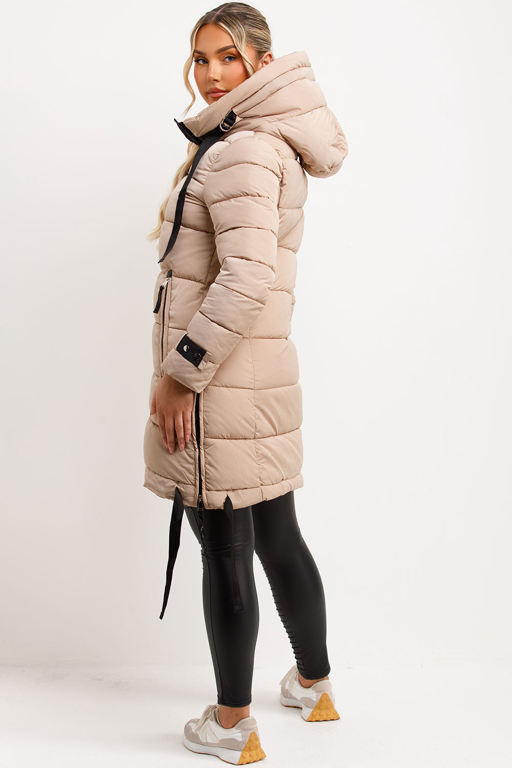 Long Puffer Coat With Hood And Side Straps Beige