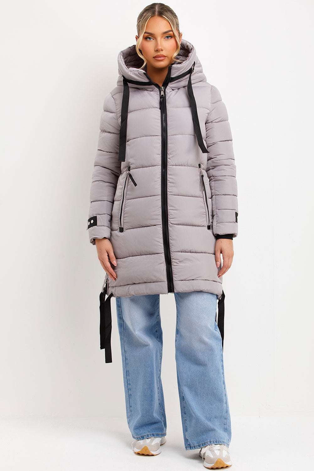 Long Puffer Coat With Hood And Side Straps Grey