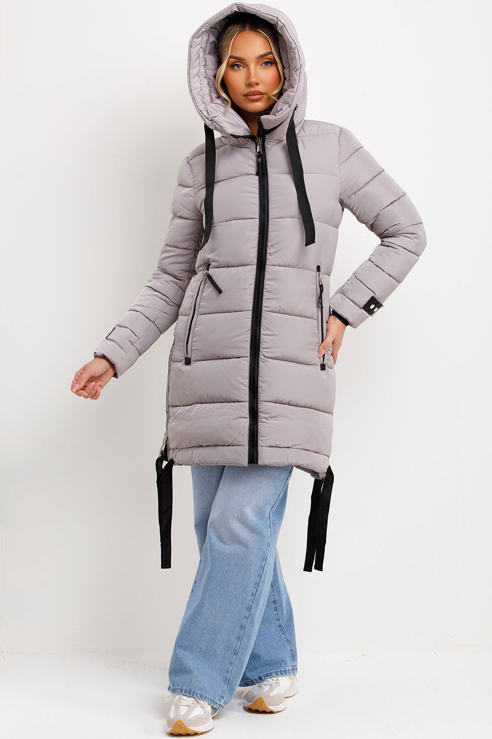 Long Puffer Coat With Hood And Side Straps Grey