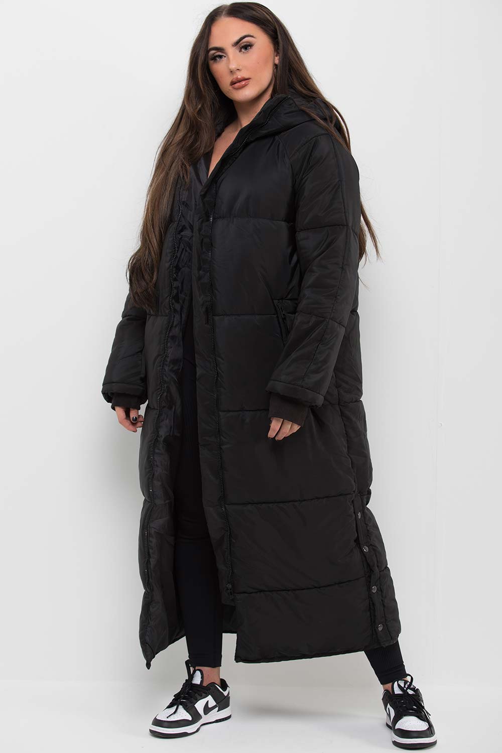 Black Long Puffer Padded Coat With Hood