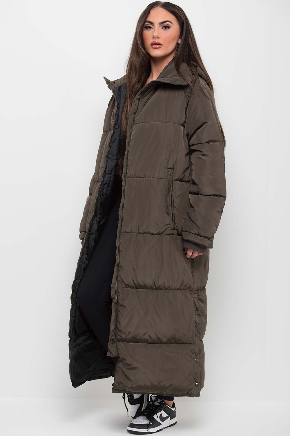 Khaki Long Puffer Padded Coat With Hood