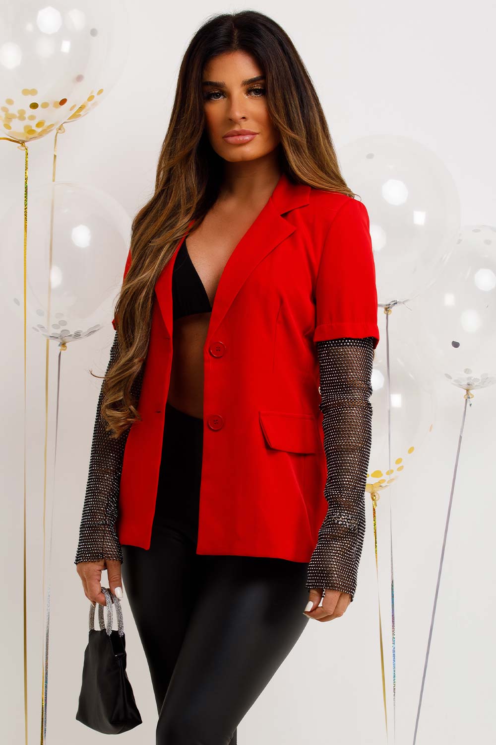 Red Blazer With Diamante Net Sleeve