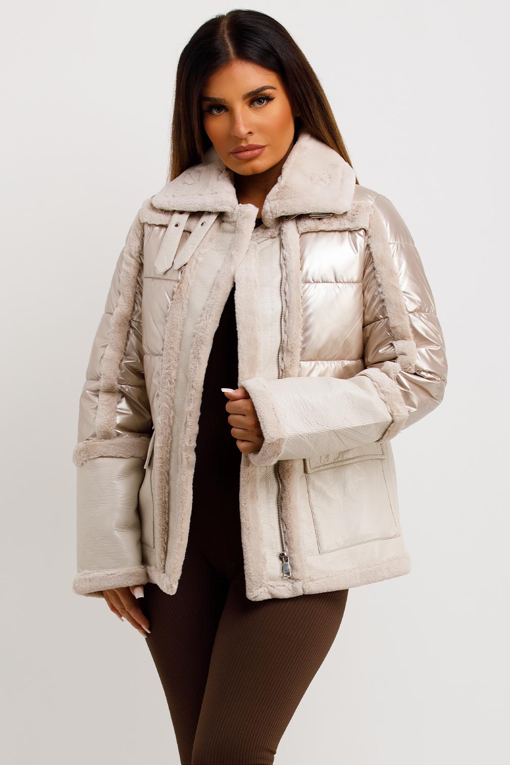 Faux Fur Trim Faux Suede Jacket In Rose Gold