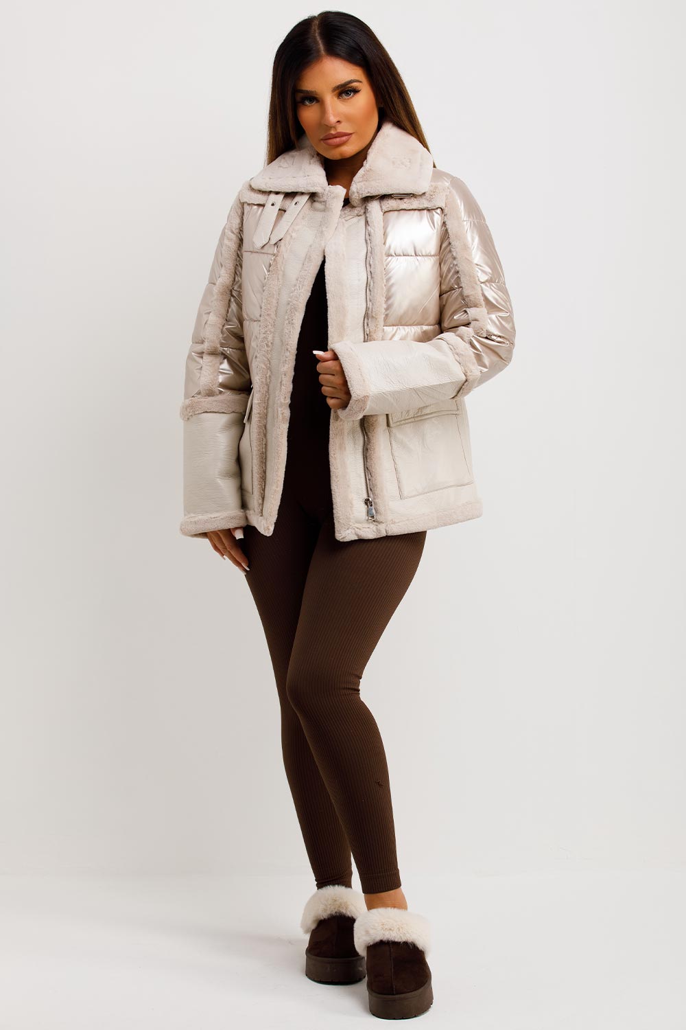 Faux Fur Trim Faux Suede Jacket In Rose Gold