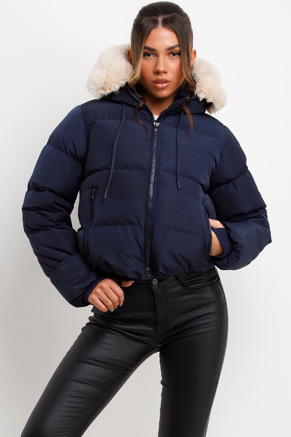 Puffer Jacket With Fur Hood Navy