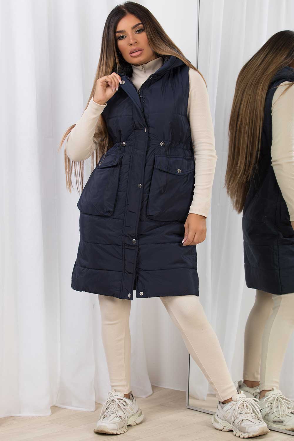 Navy Padded Gilet With Drawstring Waist Longline