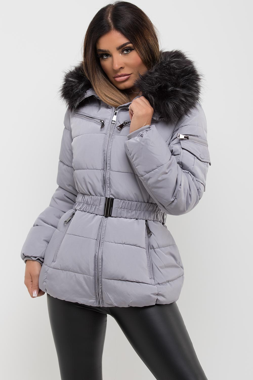 Grey Faux Fur Hooded Jacket With Belt