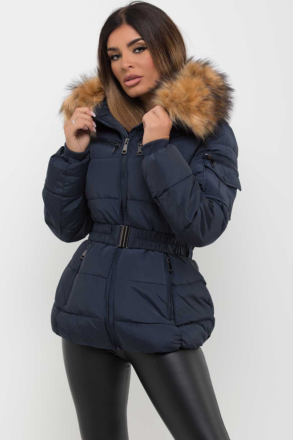 Navy Faux Fur Hooded Jacket With Belt