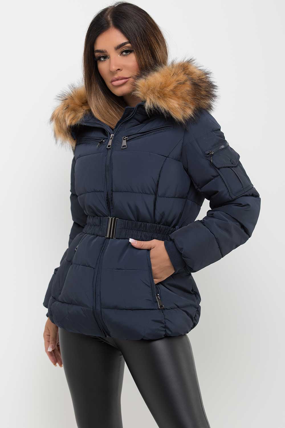 Navy Faux Fur Hooded Jacket With Belt