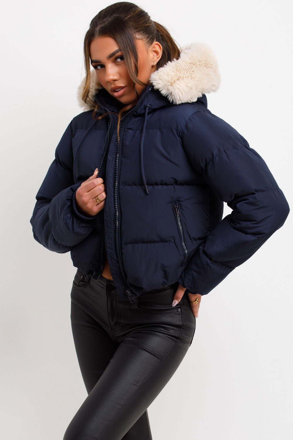 Puffer Jacket With Fur Hood Navy