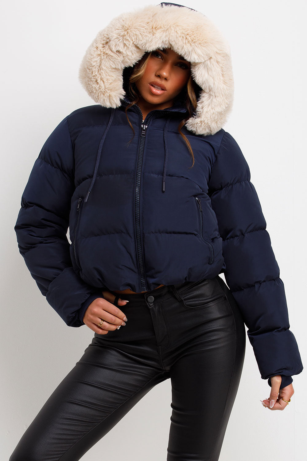 Puffer Jacket With Fur Hood Navy