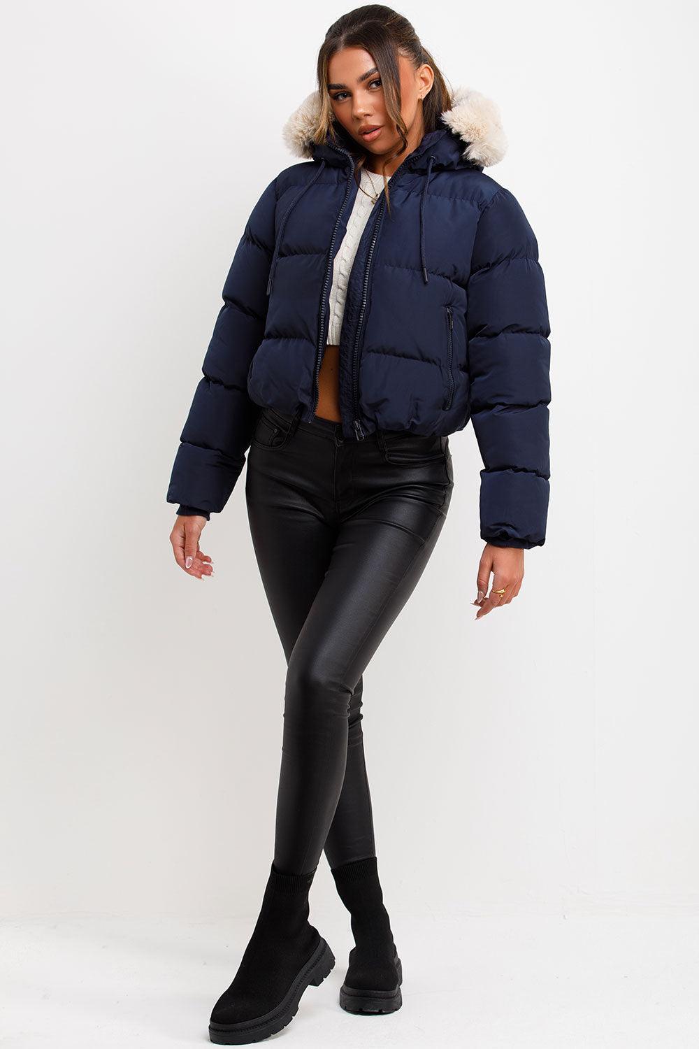 Puffer Jacket With Fur Hood Navy