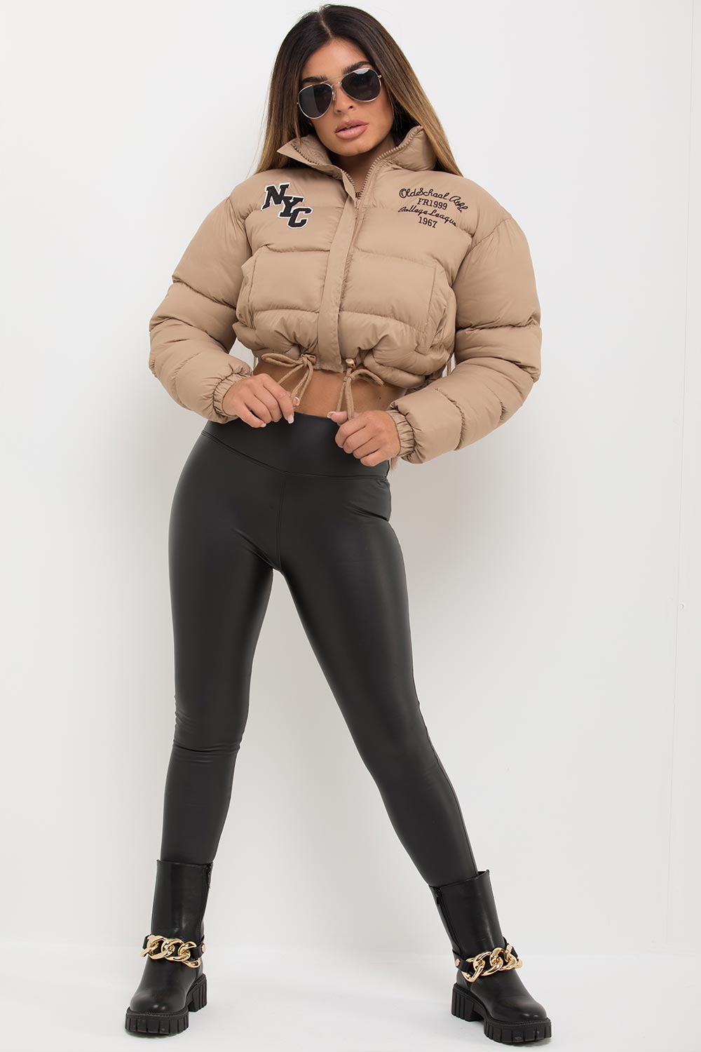 Crop Puffer Jacket With NYC Embroidery Beige