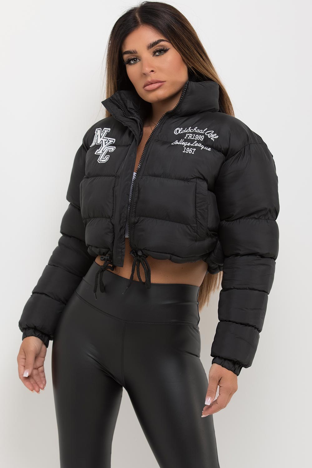 Crop Puffer Jacket With NYC Embroidery Black