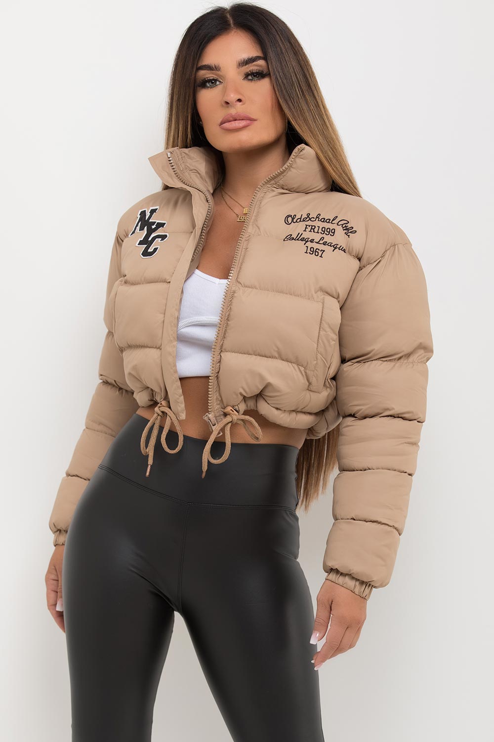 Crop Puffer Jacket With NYC Embroidery Beige