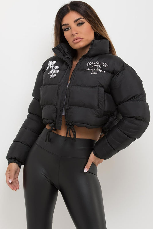 Crop Puffer Jacket With NYC Embroidery Black