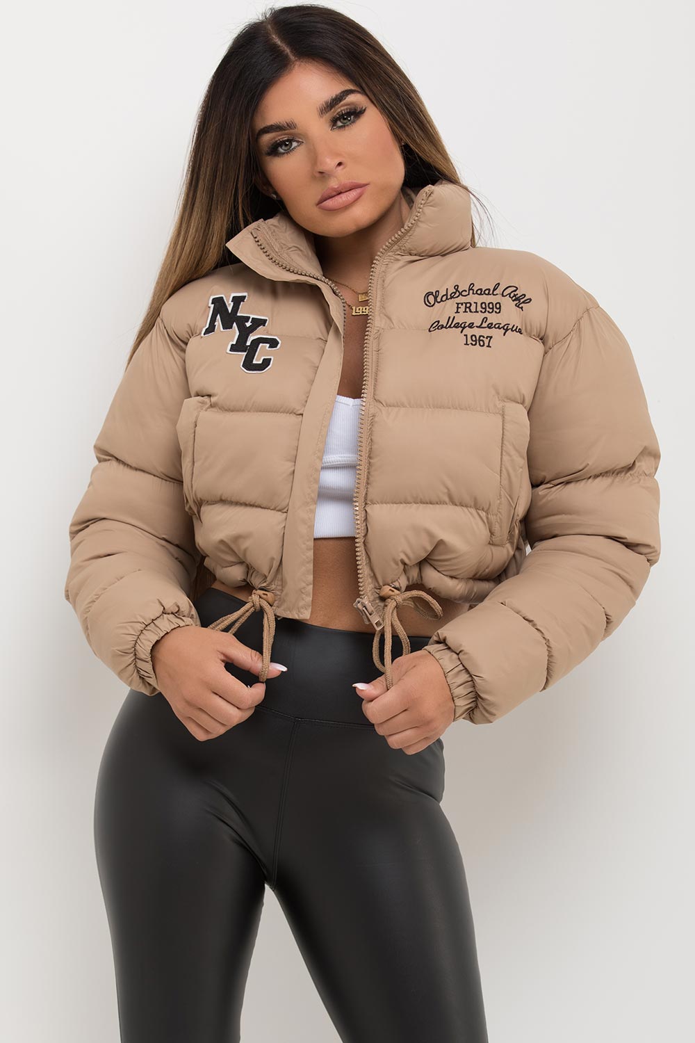 Crop Puffer Jacket With NYC Embroidery Beige