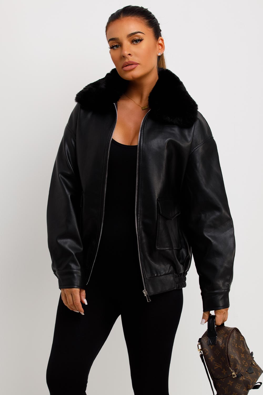 Faux Leather Jacket With Faux Fur Collar Black