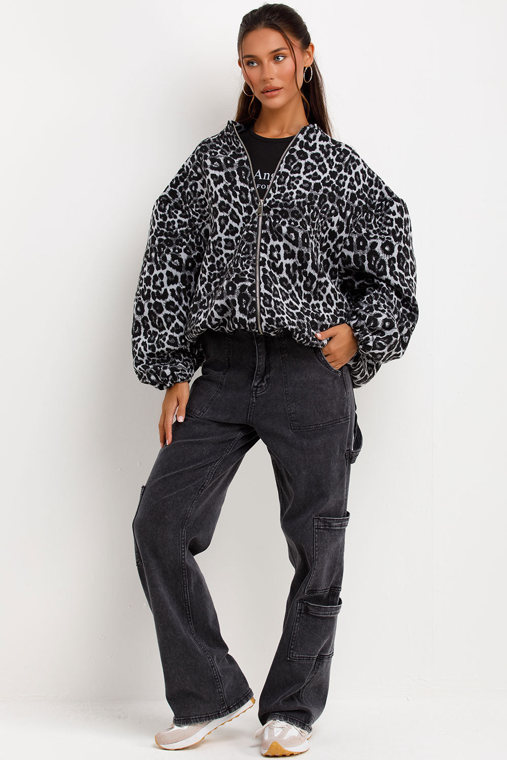 Leopard Print Bomber Jacket Grey